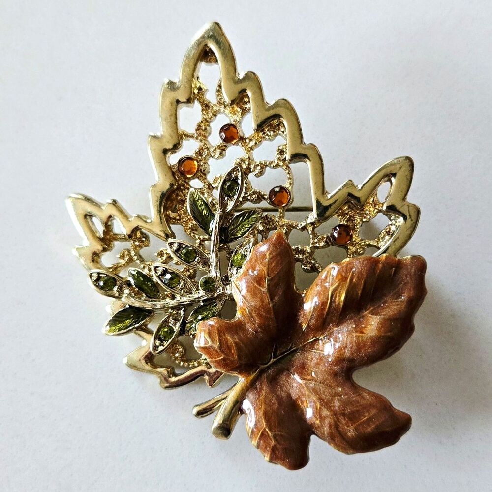 Vtg Kenneth Cole Enamel Maple Leaf Brooch Pin Rhinestone Gold Tone Fall Autumnal